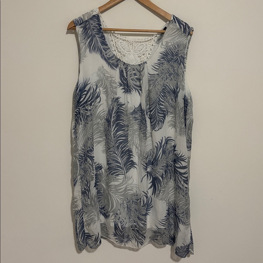 Elena Baldi Sleeveless Blue and Gray Leaf Print Silk Dress